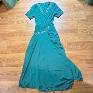 Vintage 30s 40s Rhinestone Maxi Dress Embellished V Neck Evening Gown XXS